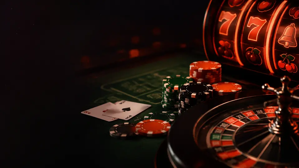Mesa de casino nocturna con ruleta, fichas, cartas y luces de tragamonedas