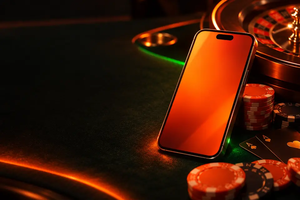 Teléfono, fichas y cartas en una mesa de casino nocturna