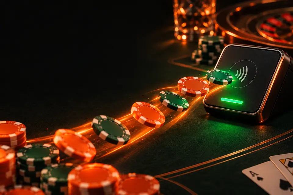 Fichas y punto de depósito iluminados en verde y naranja