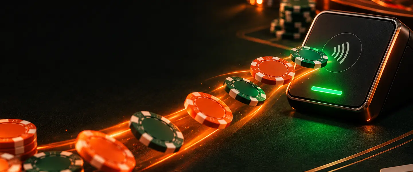 Fichas entrando en una ranura de depósito sobre una mesa de casino