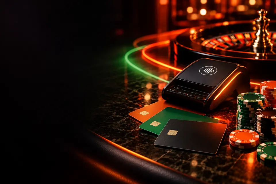 Ruleta y fichas de casino con iluminación naranja