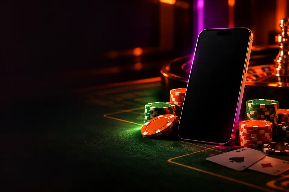 Teléfono, ficha violeta y monedas sobre una mesa de casino