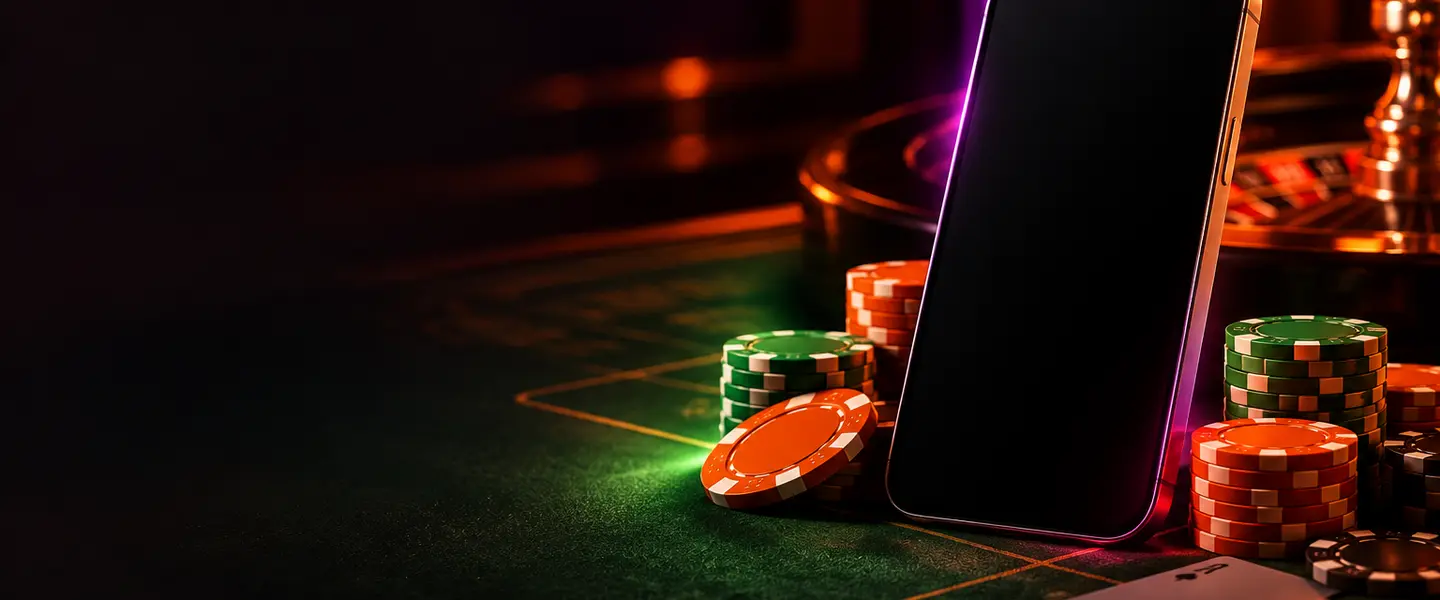 Teléfono y ficha violeta junto a elementos de casino