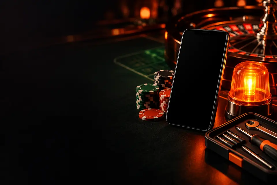 Mesa de casino nocturna con foco verde y naranja