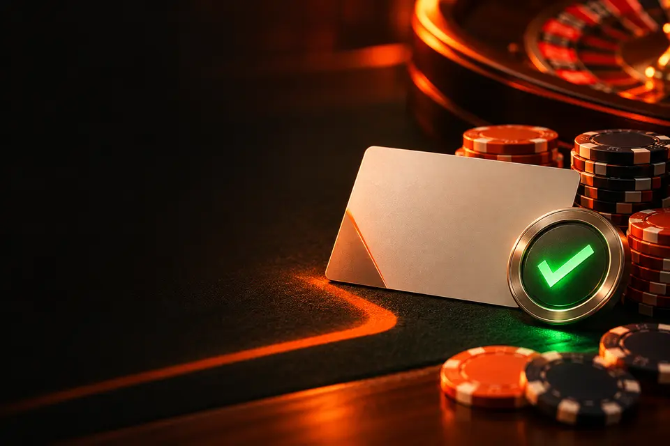 Fichas de casino y naipes bajo luz verde y naranja